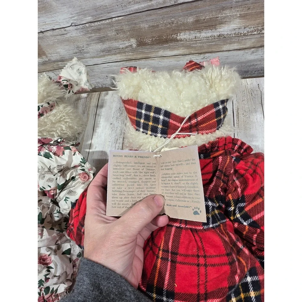 2- Boyds Bears Ophelia Plush Set Red Plaid Floral Rompers Investment 16 Inch